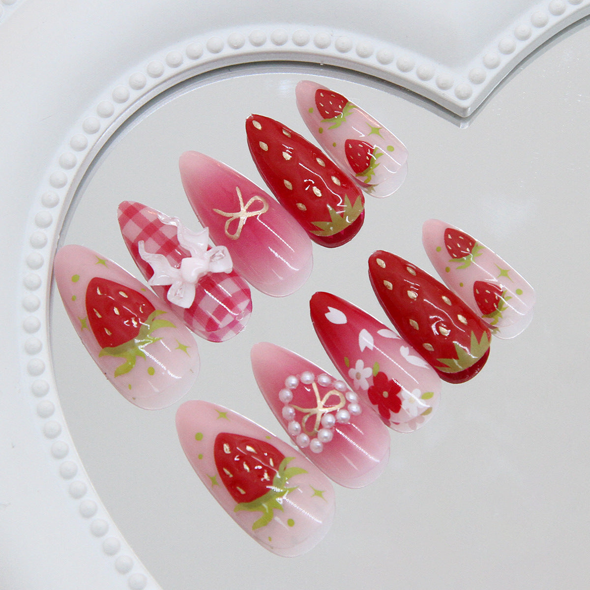 Strawberry Delight Elegant Long Almond Shaped Red and Pink Press On Nail Set with Cute Gingham and Floral Accents