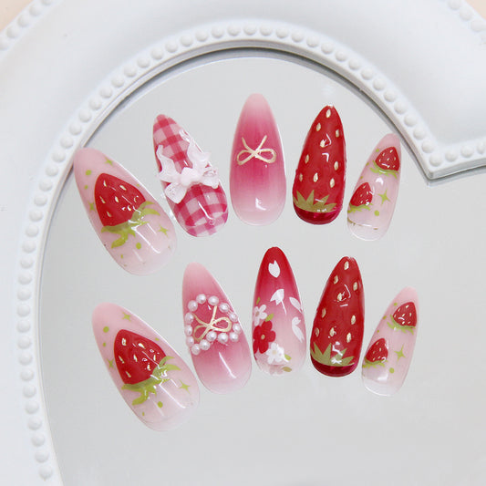 Sweet Strawberry Dreams Long Almond Press On Nail Set in Red and Pink with Whimsical Floral and Bow Designs