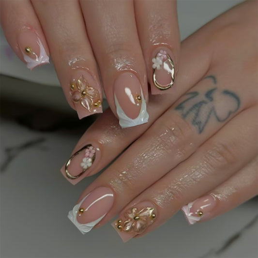 Whimsical Floral Short Square Pink with Elegant Gold Accents and Floral Embellishments Press on Nail Set