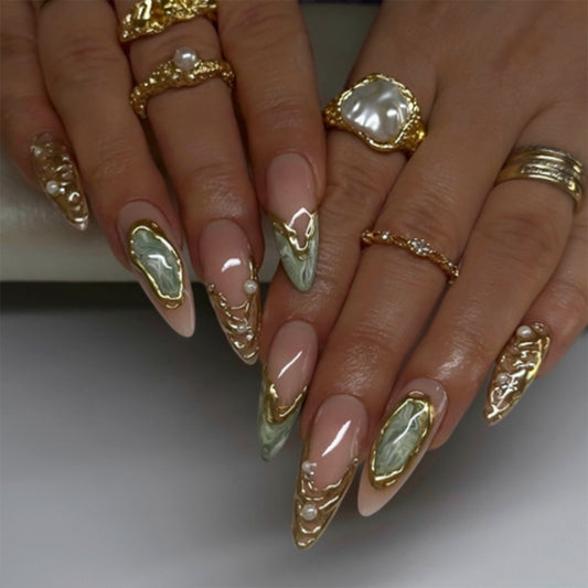 Glamorous Elegance Long Almond Almond Green Marble and Gold Accented Press On Nail Set