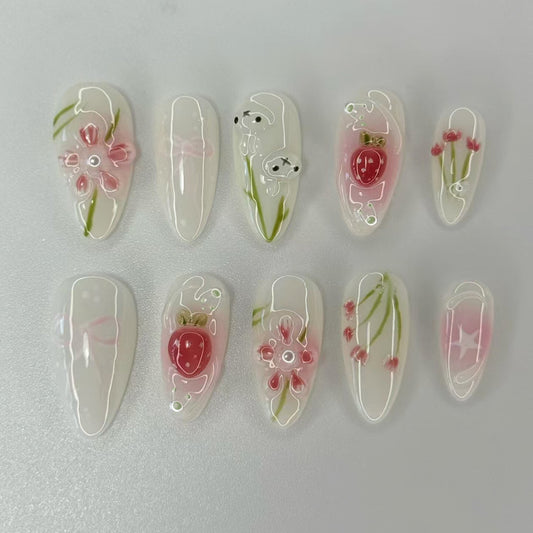 Whimsical Garden Dream Medium Almond Clear Pink Floral Design Press On Nail Set