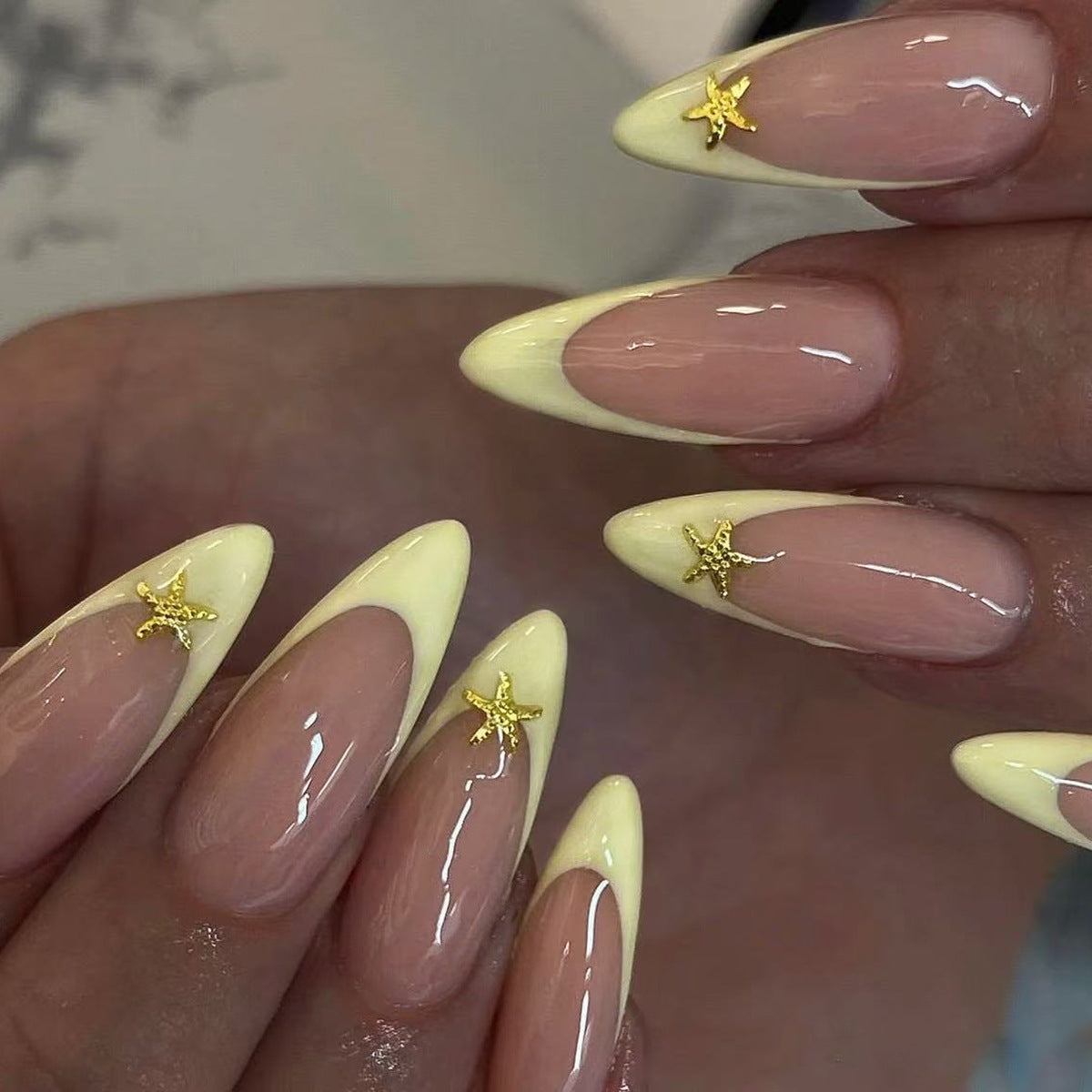 Tropical Paradise Long Almond Shaped Beige and Yellow Press on Nail Set with Golden Starfish Accents