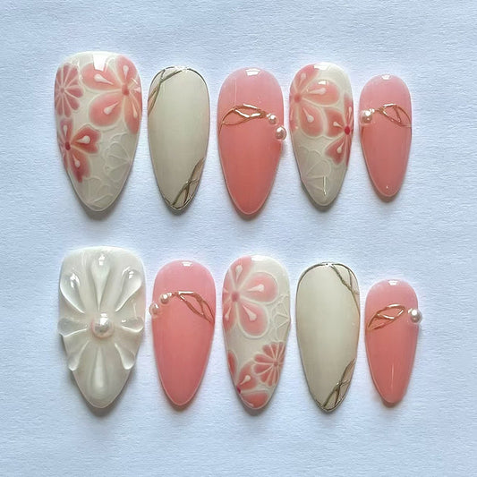 Blossom Elegance Medium Almond Pink and White Floral Press On Nail Set with Pearl Accents