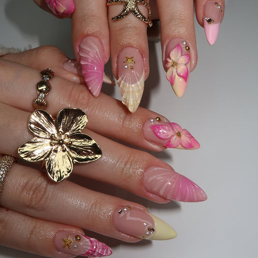 Tropical Blossom Medium Almond Pink Ombre Press-On Nail Set with Elegant Floral Accents