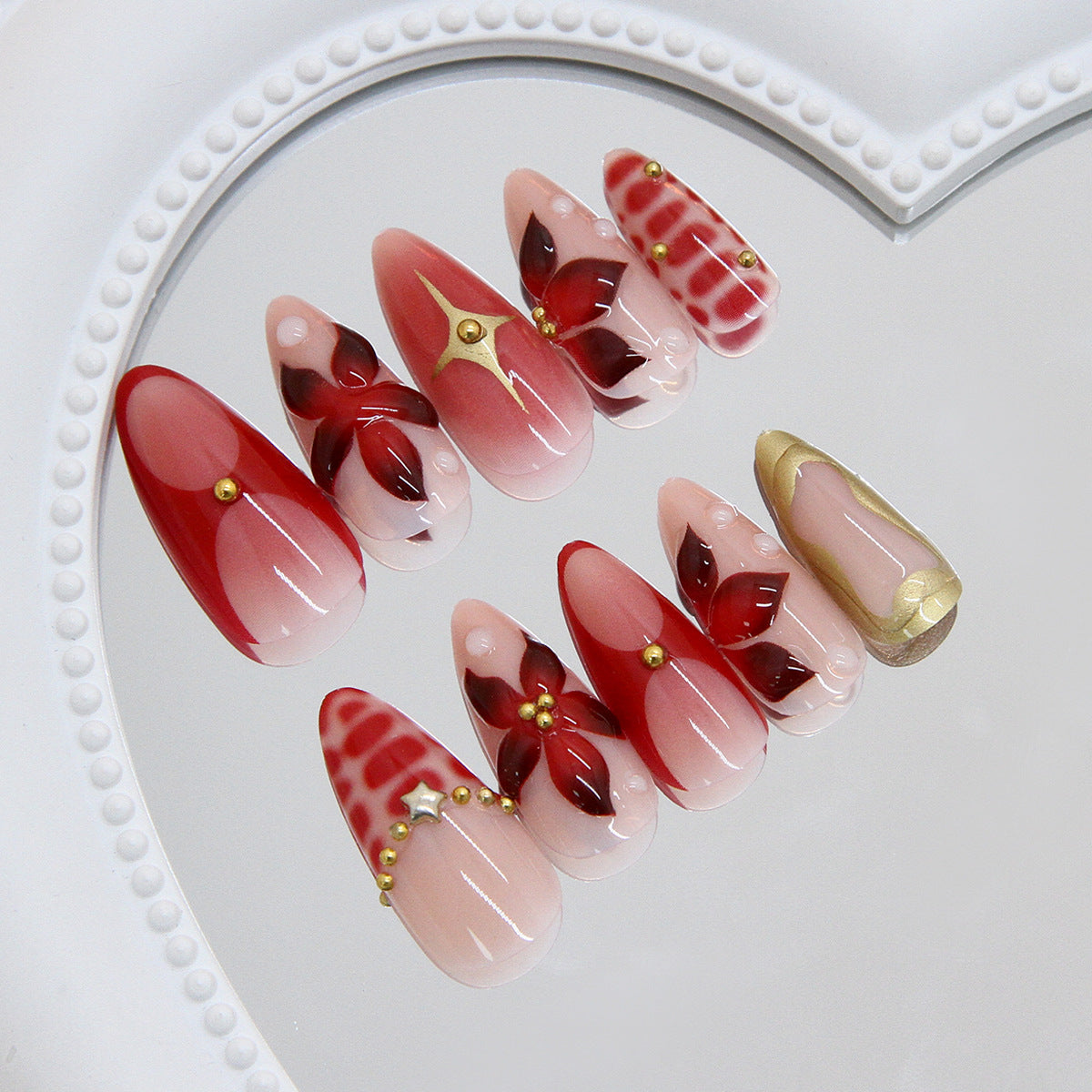 Elegant Romance Long Almond Red and Pink Press-On Nail Set with Butterfly Accents and Gold Detailing