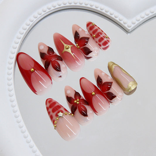 Elegant Romance Long Almond Red and Pink Press-On Nail Set with Butterfly Accents and Gold Detailing