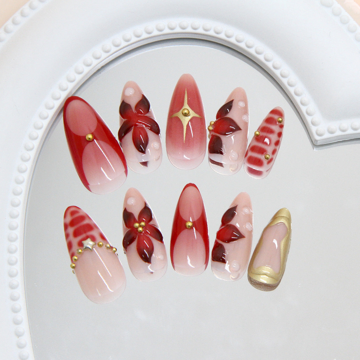Elegant Floral Romance Exquisite Long Almond Red Press-On Nails with Gold Accents