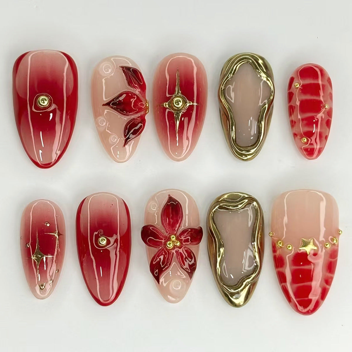 Elegant Garden Red Medium Almond Shaped Press On Nail Set with Unique Floral and Metallic Accents