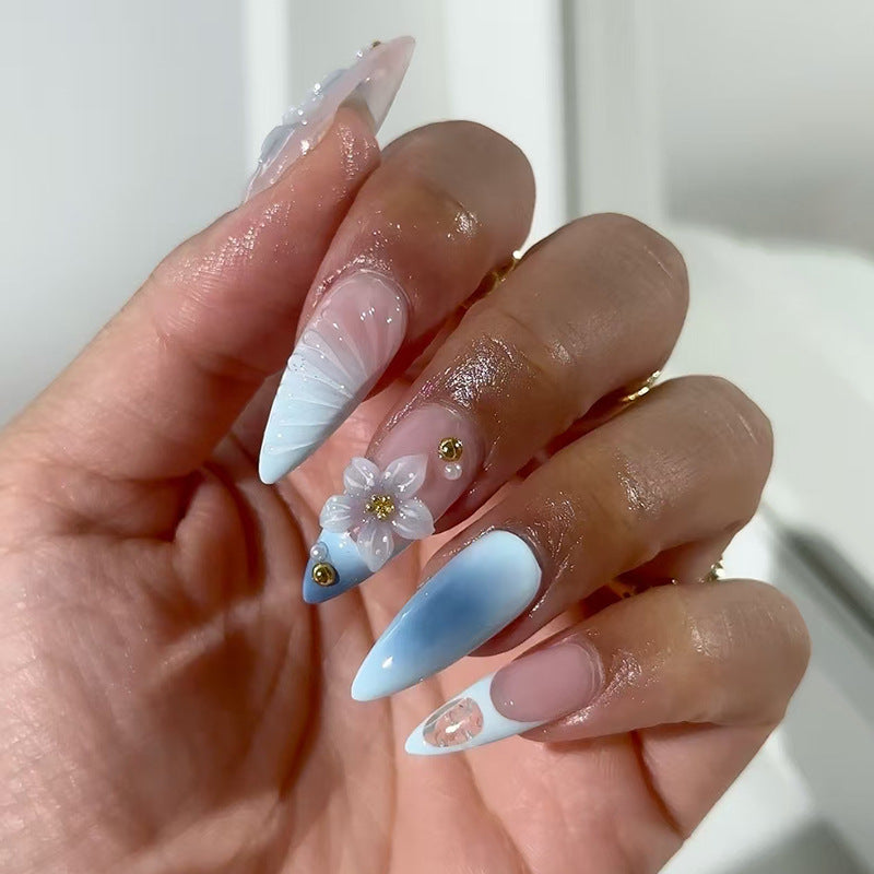 Celestial Dreams Extra Long Stiletto Blue Ombre Press On Nail Set with Floral Accents