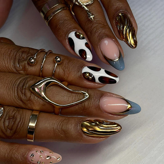 Boho Chic Long Almond Shaped Multi-Colored Press On Nail Set with Stunning Gold Accents