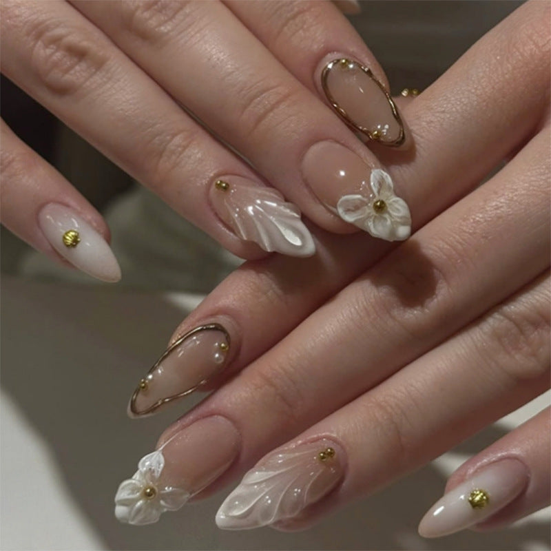 Elegant Garden Inspired Long Almond Shaped Cream and White Press on Nail Set with Floral Accents and Gold Detailing