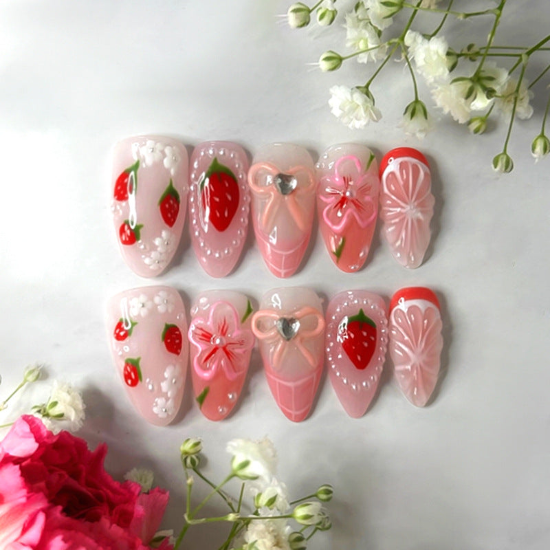 Sweet Strawberry Dream Medium Almond Pink Press-On Nail Set with Floral and Bow Accents
