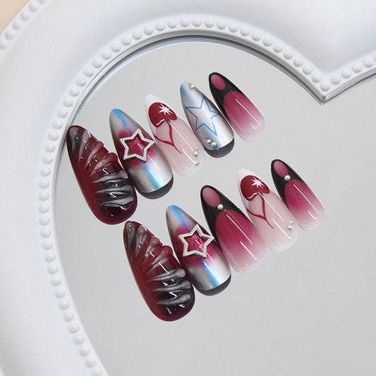 Cosmic Glamour Long Almond Gradients in Burgundy and Pink with Star and Pearl Accents