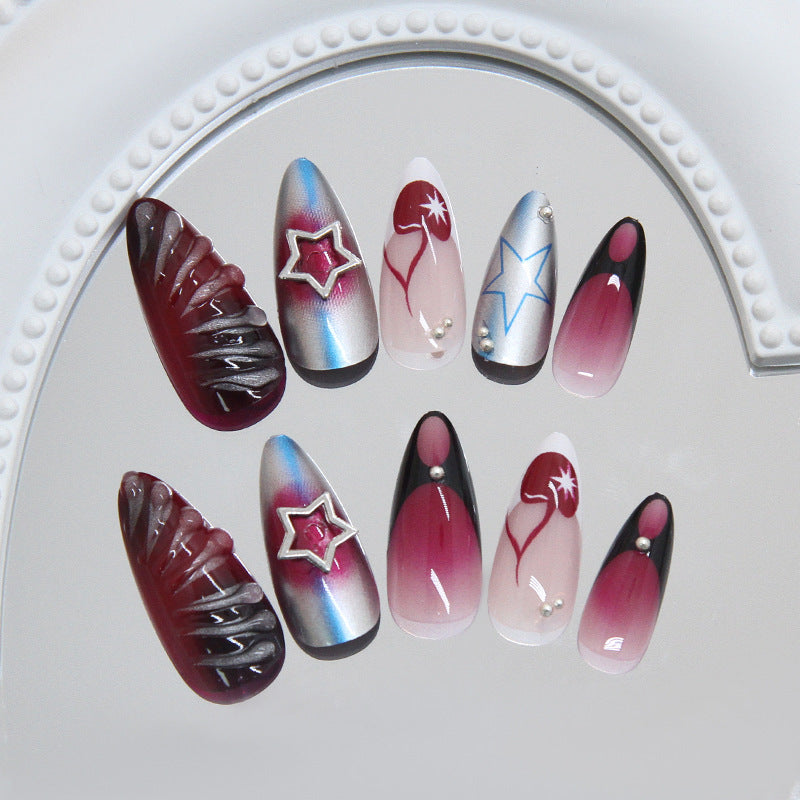 Celestial Glamour Long Almond Gradient Red and Pink with Star and Gem Accents Press On Nail Set