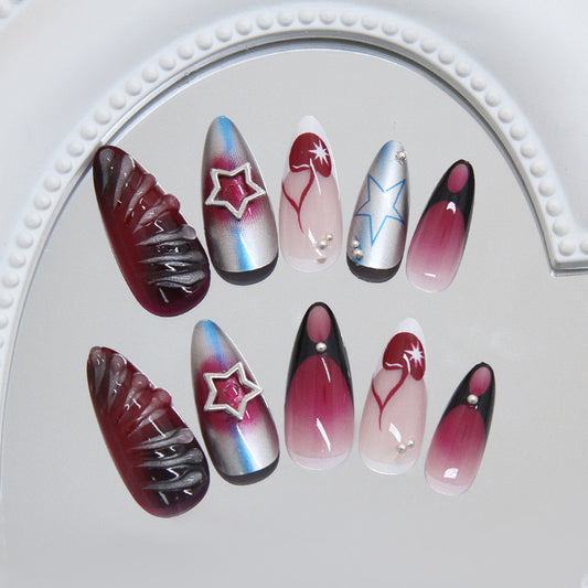Celestial Glamour Long Almond Gradient Red and Pink with Star and Gem Accents Press On Nail Set