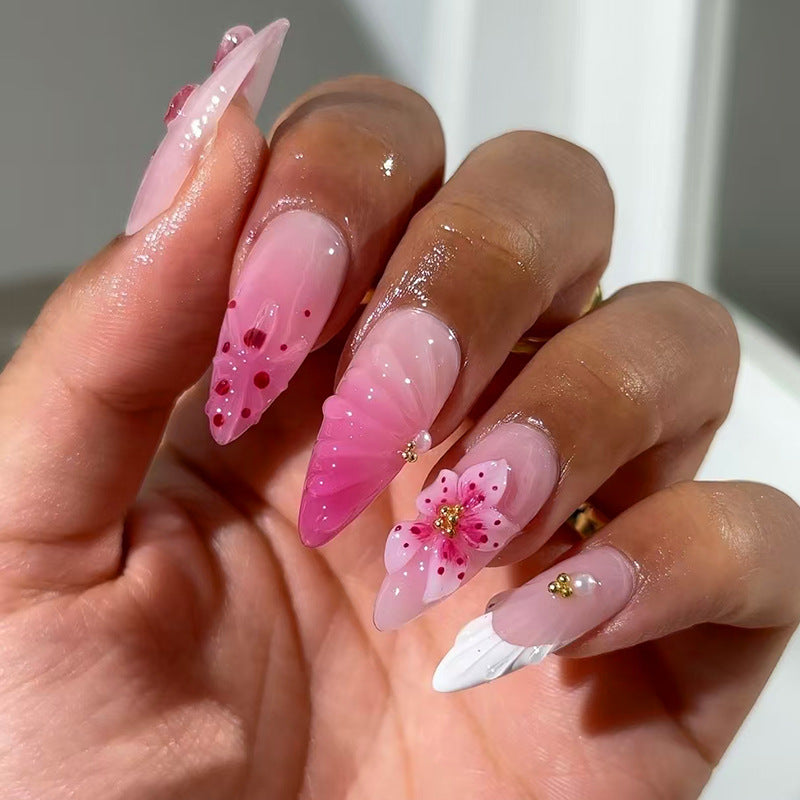 Blossom Dreams Long Almond Pink Ombre Nails with Floral Accents