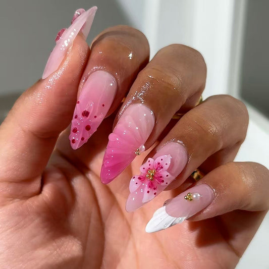 Blossom Dreams Long Almond Pink Ombre Nails with Floral Accents