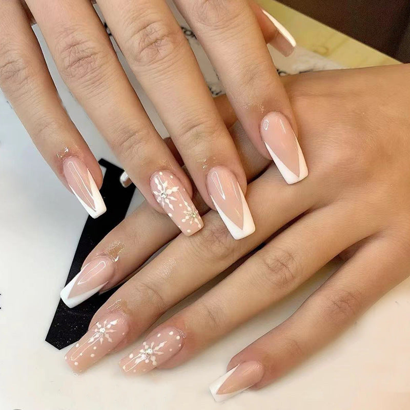 Elegant Bridal Long Coffin Pink and White Ombre Press on Nails with Floral Accents
