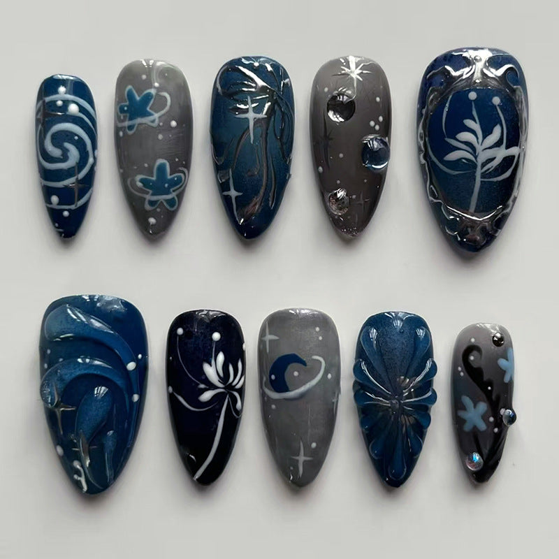Celestial Dreamscape Elegant Medium Almond Blue and Gray Press on Nail Set with Intricate Designs