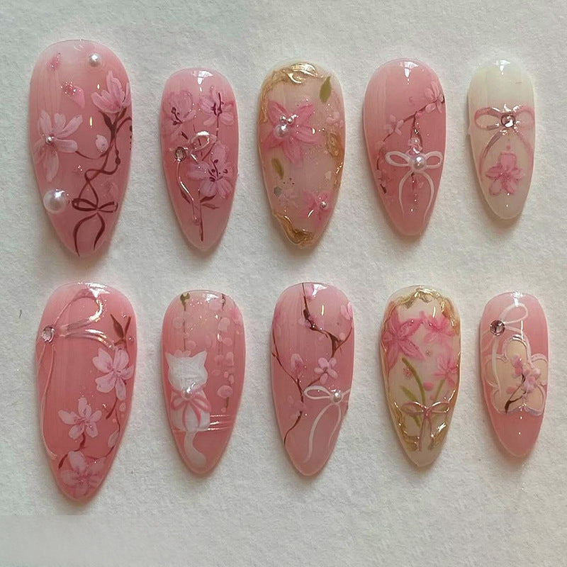 Blossom Fantasy Medium Almond Pink Floral Design Press on Nail Set with Pearl and Gold Accents
