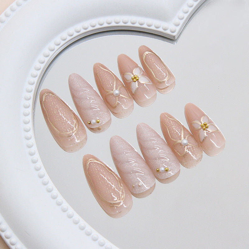 Elegant Blossom Inspired Long Almond Beige Press On Nail Set with Floral Accents and Pearls