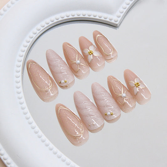 Elegant Blossom Inspired Long Almond Beige Press On Nail Set with Floral Accents and Pearls