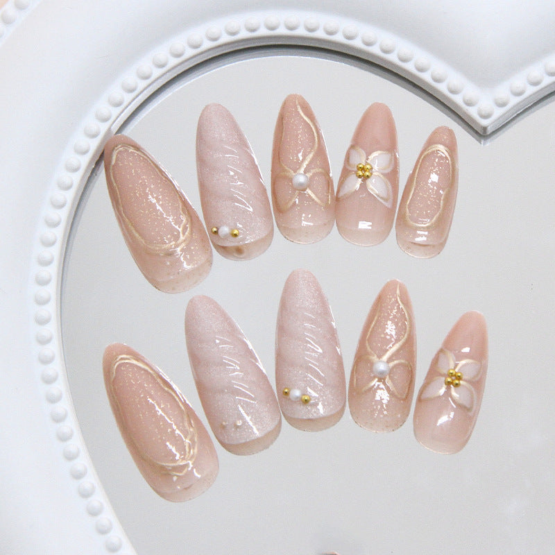 Elegant Blossom Dreamy Long Almond Shaped Soft Pink Press On Nail Set with Floral Accents and Sparkling Detail