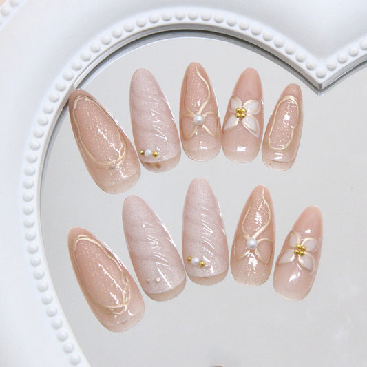 Elegant Blossom Dreamy Long Almond Shaped Soft Pink Press On Nail Set with Floral Accents and Sparkling Detail