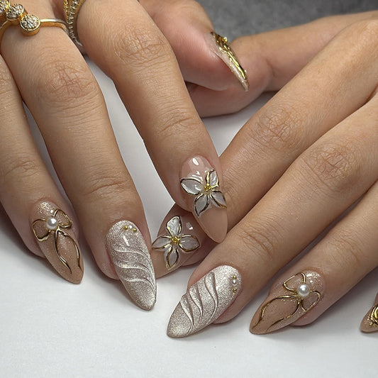 Elegant Floral Fantasy Long Almond Beige Press On Nail Set with Delicate Gold Accents