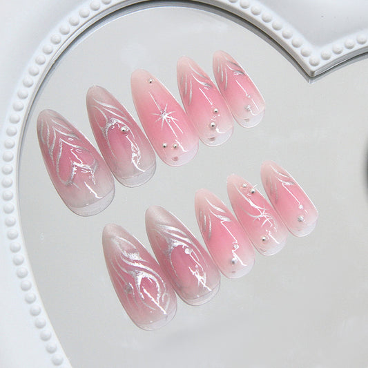 Whimsical Blossom Long Almond Pink Ombre Press-On Nail Set with Shimmering Silver Accents