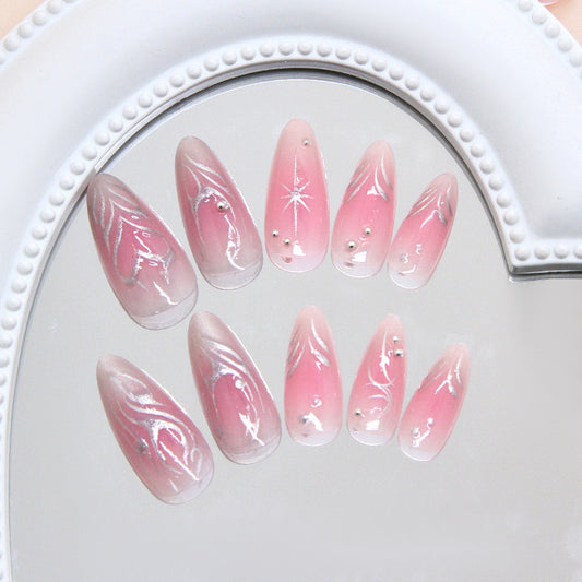 Dreamy Blossom Long Almond Pink Marble Nails with Sparkling Accents
