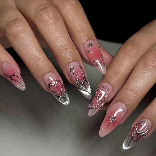 Celestial Elegance Long Almond Pink Ombre with Metallic Detailing Nail Set