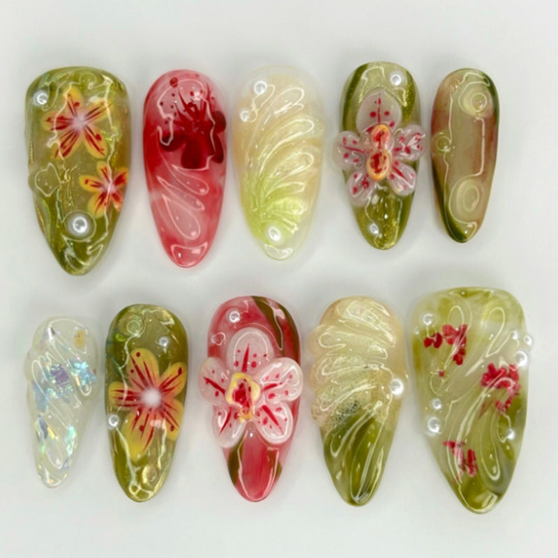 Enchanted Garden Floral Medium Almond Green Red Clear Iridescent Press On Nail Set with Intricate Artwork