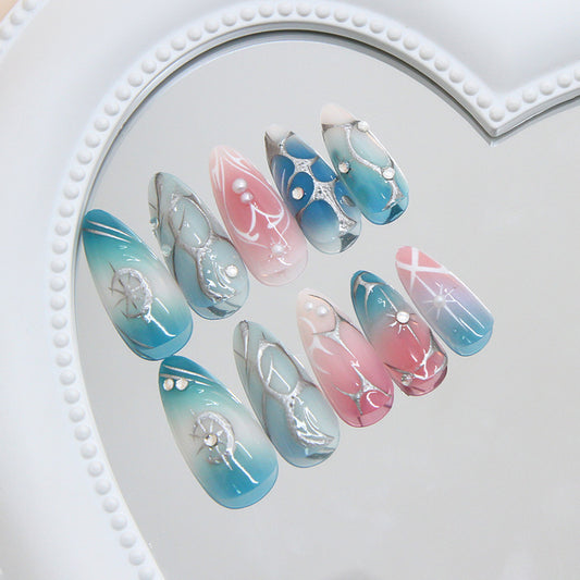 Ocean Breeze Long Almond Shaped Blue and Pink Press On Nail Set with Delicate Pearl Accents
