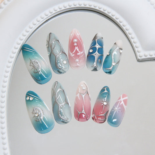 Celestial Dreams Long Almond Blue and Pink Ombre Press On Nail Set with Elegant Silver Detailing