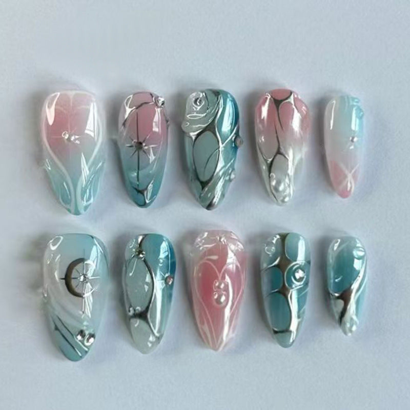 Enchanting Floral Fantasy Long Almond Shaped Blue and Pink Gradient Press On Nails with Elegant Gem Accents