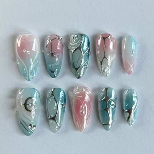 Enchanting Floral Fantasy Long Almond Shaped Blue and Pink Gradient Press On Nails with Elegant Gem Accents