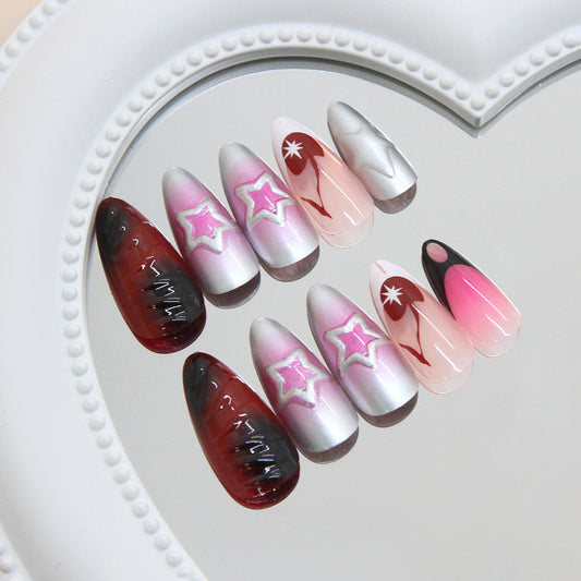 Celestial Glamour Long Almond Gradient Red and Pink Press on Nail Set with Star Accents
