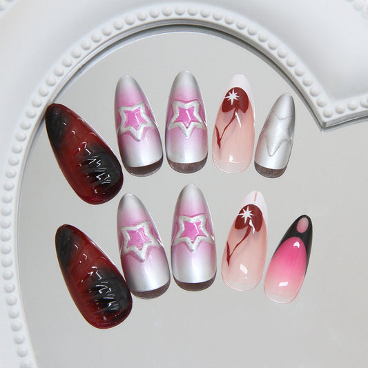 Celestial Nail Art Beauty Long Almond Gradient Pink and Deep Red with Star and Floral Accents