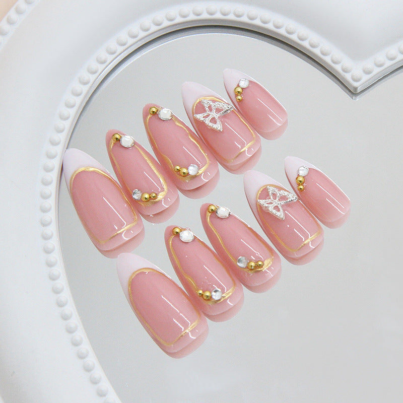 Elegant Romance Long Almond Shape Pink with Gold Trim and Gem Accents Press-On Nail Set