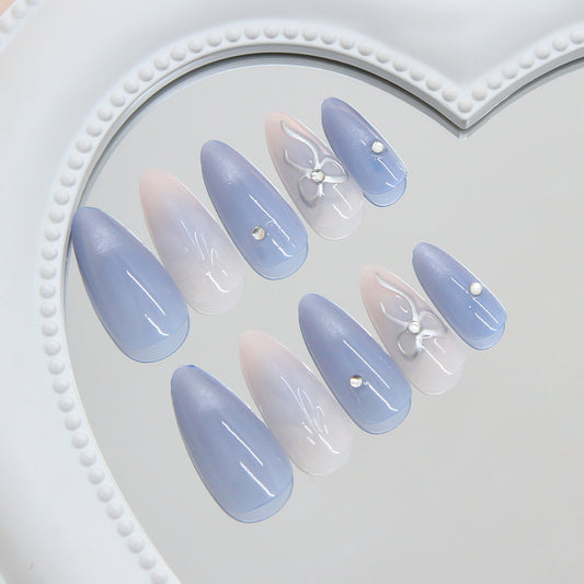 Celestial Dreams Long Almond Blue Ombre with Delicate Pearl Accents Nail Set