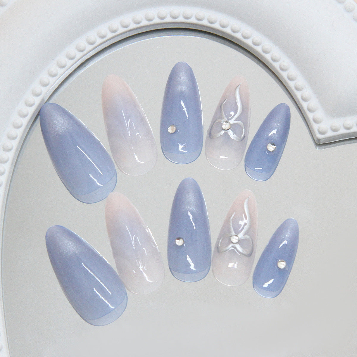 Whimsical Serenity Long Almond Blue Ombre with Floral Accents Press-On Nail Set