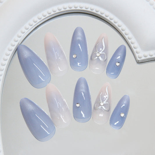 Whimsical Serenity Long Almond Blue Ombre with Floral Accents Press-On Nail Set