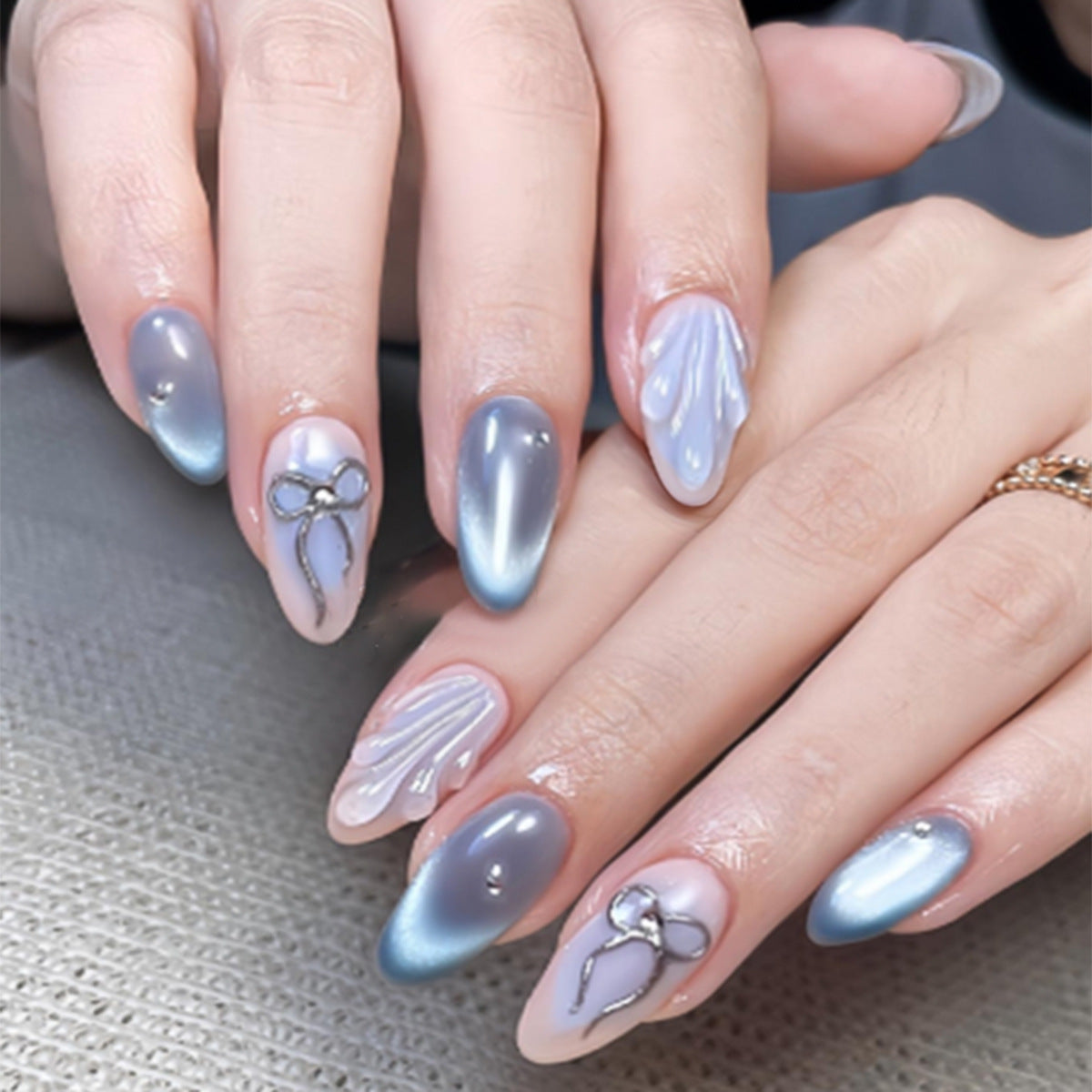 Celestial Elegance Long Almond Blue Ombre Design with Charming Bow Accent Press On Nail Set