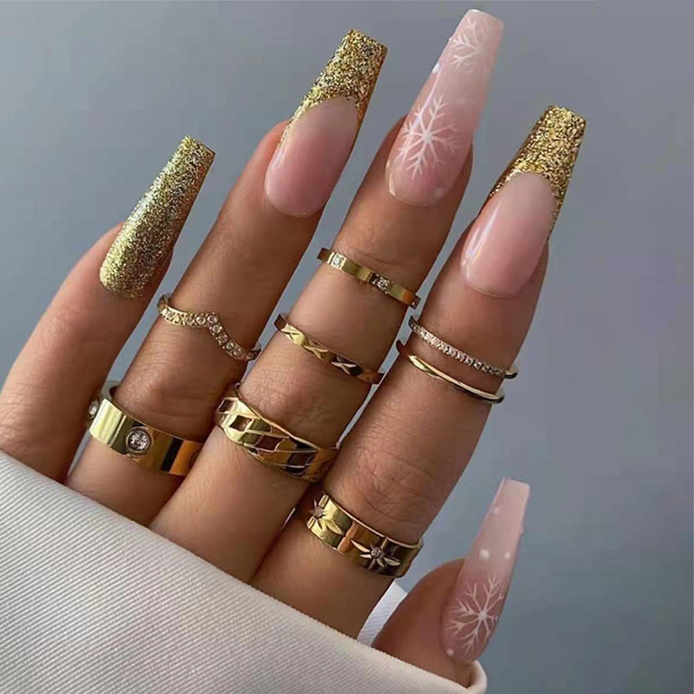 Golden Gala Long Coffin Pink Glittered Snowflake Press On Nail Set