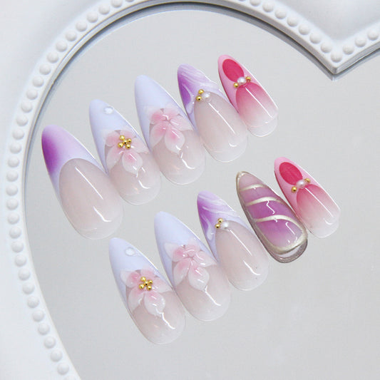 Blossom Garden Long Almond Pink and White with Floral Accents Press On Nail Set