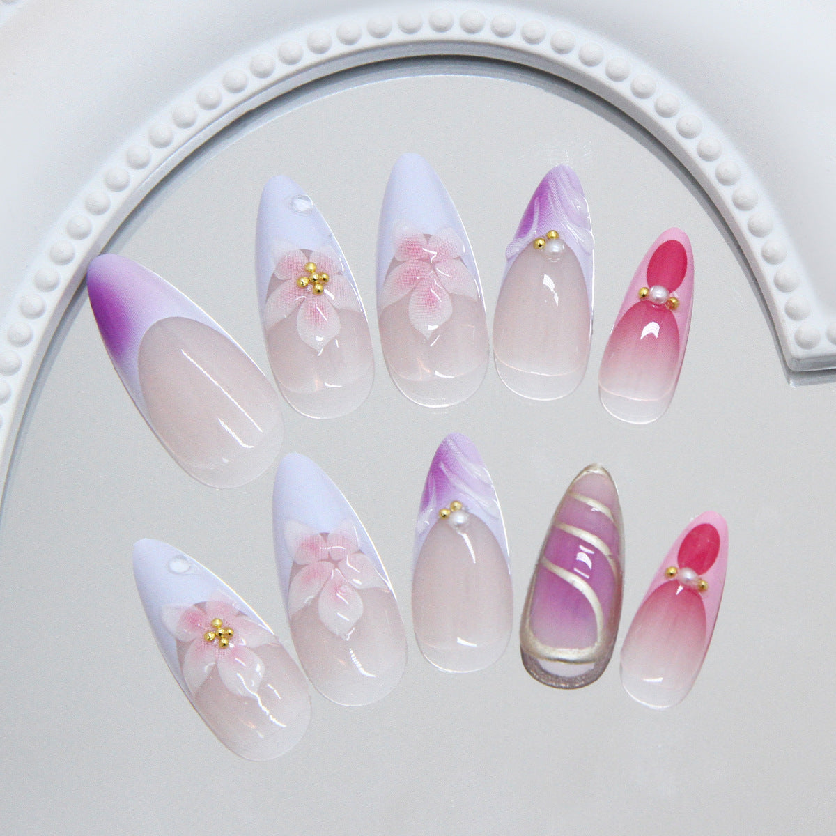 Blossoming Elegance Long Almond Gradation Purple and Pink with Floral Accents Press On Nail Set