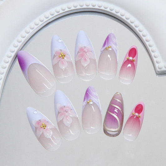 Blossoming Elegance Long Almond Gradation Purple and Pink with Floral Accents Press On Nail Set