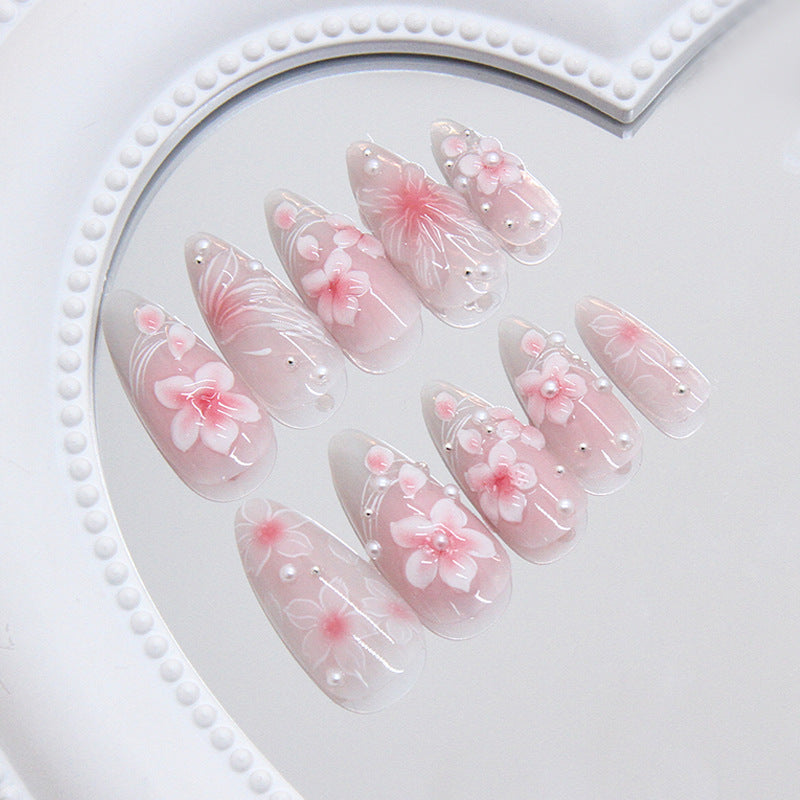 Blossoming Elegance Long Almond Pink Press On Nail Set with Floral Design and Pearl Accents