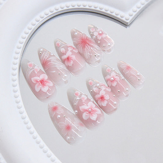 Blossoming Elegance Long Almond Pink Press On Nail Set with Floral Design and Pearl Accents